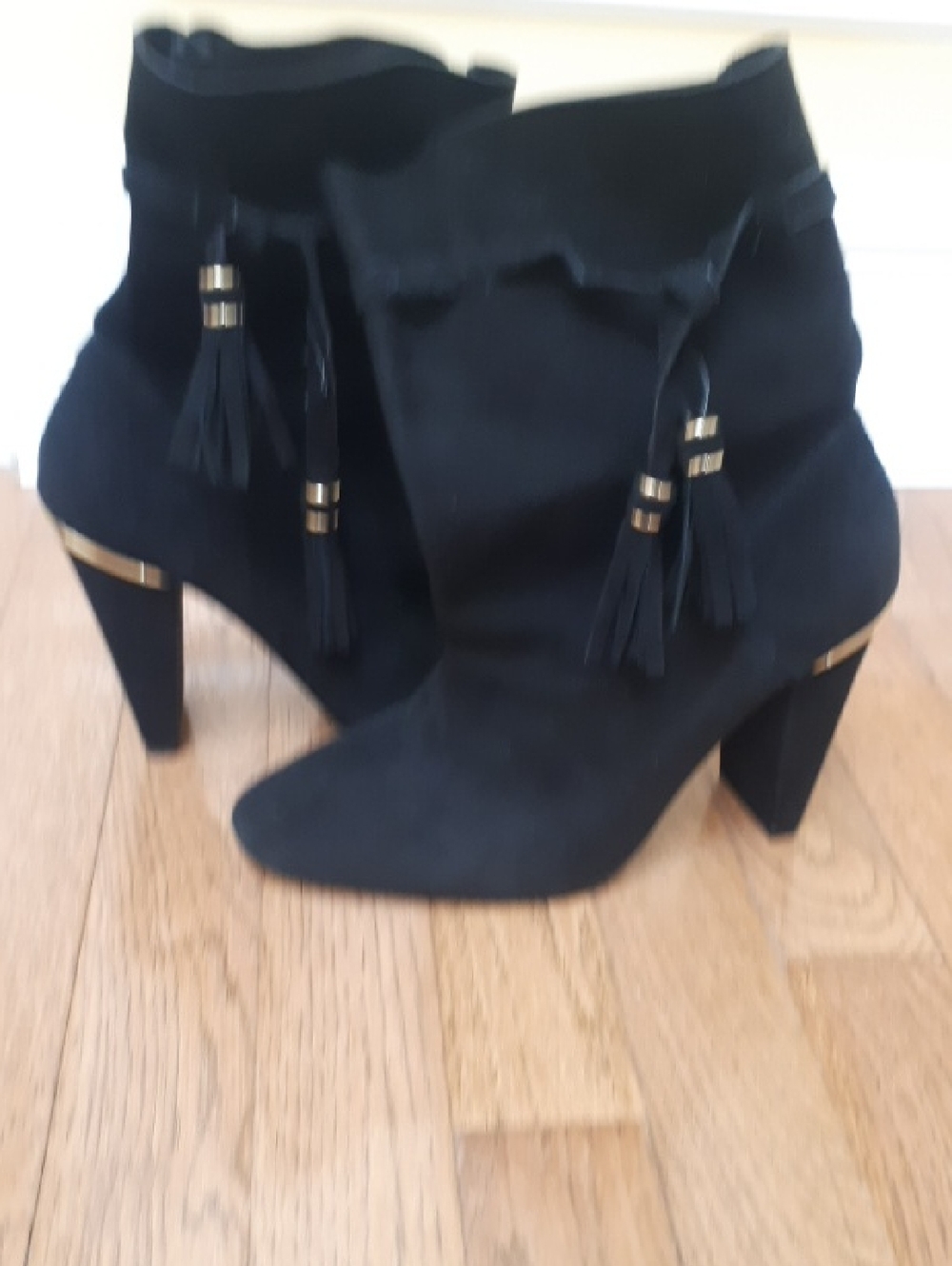 Zara Black Suede Tassel Ankle Boots with Gold Accent
